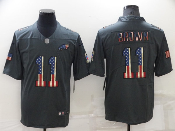 Men's Philadelphia Eagles #11 A. J. Brown Grey Salute To Service USA Flag Stitched Jersey